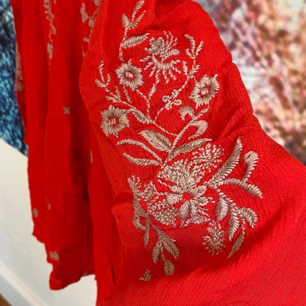 Free People Red Embroidered Long Sleeve Dress worn once - Picture 5 of 13